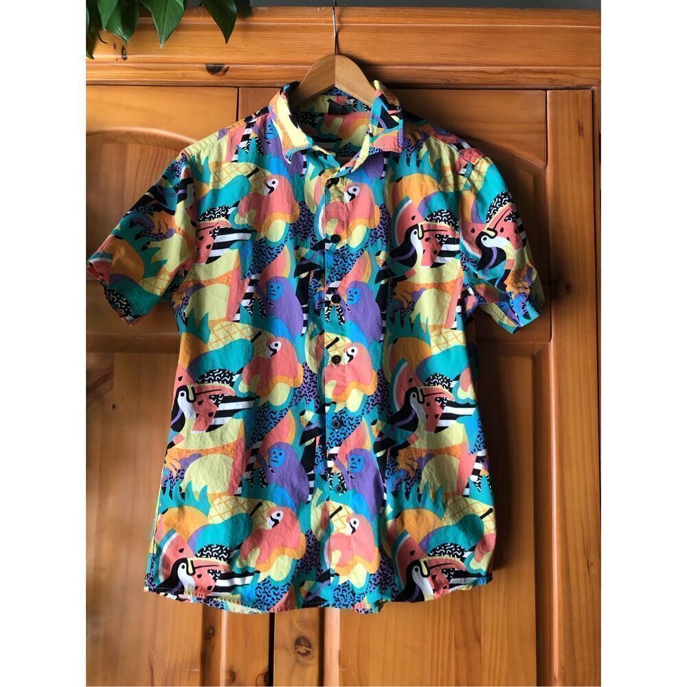 Neff Men's Shirt Tropical Print Colorful Retro Monkey Bird Medium *